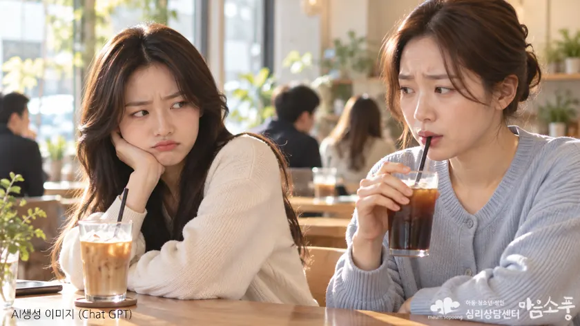 카페에서 서로의 표정을 살피며 불편한 분위기로 마주 앉아 있는 친구들